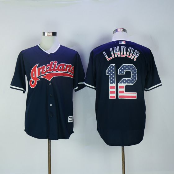 Men Cleveland Indians 12 Francisco Lindor Blue USA Flag Fashion MLB Jerseys